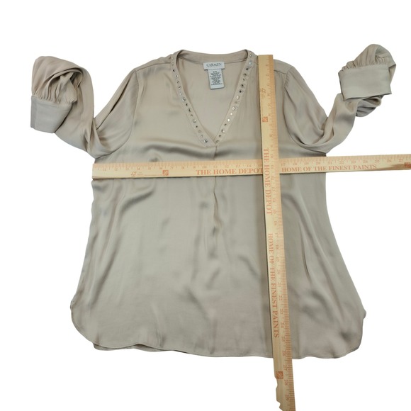 Carmen Marc Valvo V Neck Embellished Long Sleeve Blouse Top M M Beige Polyester - Picture 8 of 9